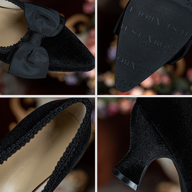 Escarpins Vintage à Nœud Victoriens Faits Main, Chaussures à Talon Bloc Gothiques à Bout Pointu en Noir