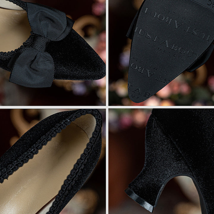 Escarpins Vintage à Nœud Victoriens Faits Main, Chaussures à Talon Bloc Gothiques à Bout Pointu en Noir