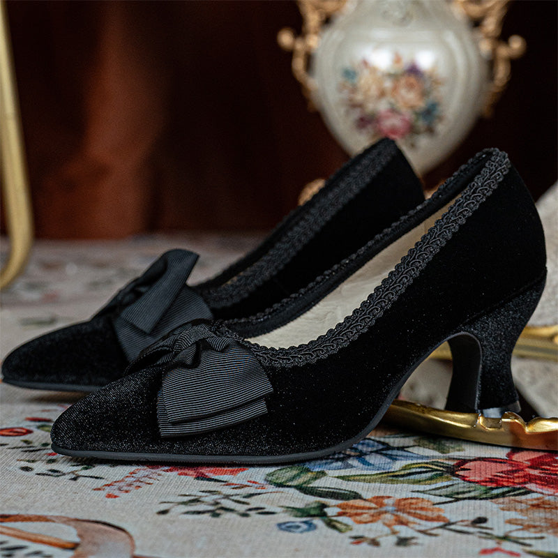 Escarpins Vintage à Nœud Victoriens Faits Main, Chaussures à Talon Bloc Gothiques à Bout Pointu en Noir