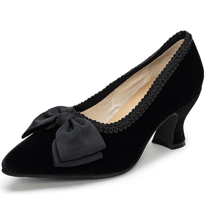 Escarpins Vintage à Nœud Victoriens Faits Main, Chaussures à Talon Bloc Gothiques à Bout Pointu en Noir