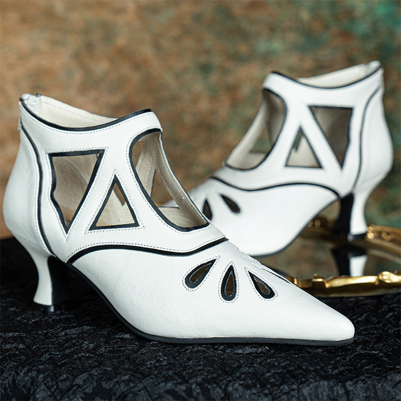 Chaussures Mary Jane Art Déco Découpées Faits Main, Chaussures à Talon Chaton à Bout Pointu Flapper en Blanc