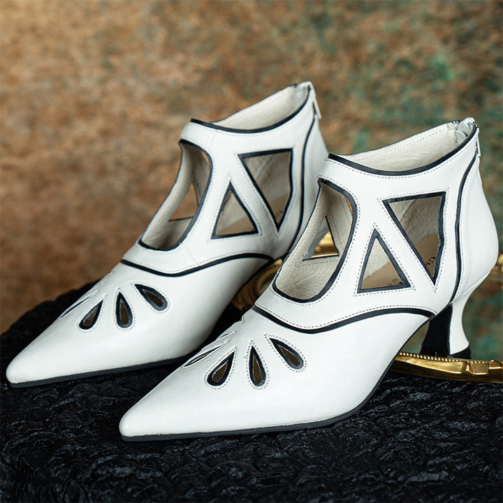 Chaussures Mary Jane Art Déco Découpées Faits Main, Chaussures à Talon Chaton à Bout Pointu Flapper en Blanc