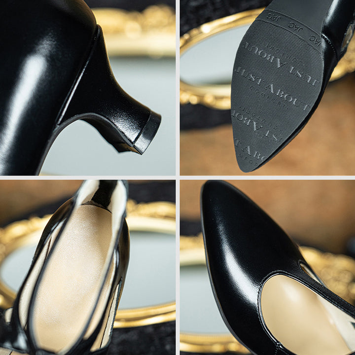 Escarpins Mary Jane Faits Main Vintage en Cuir Ciré Découpé avec T-Strap en Noir