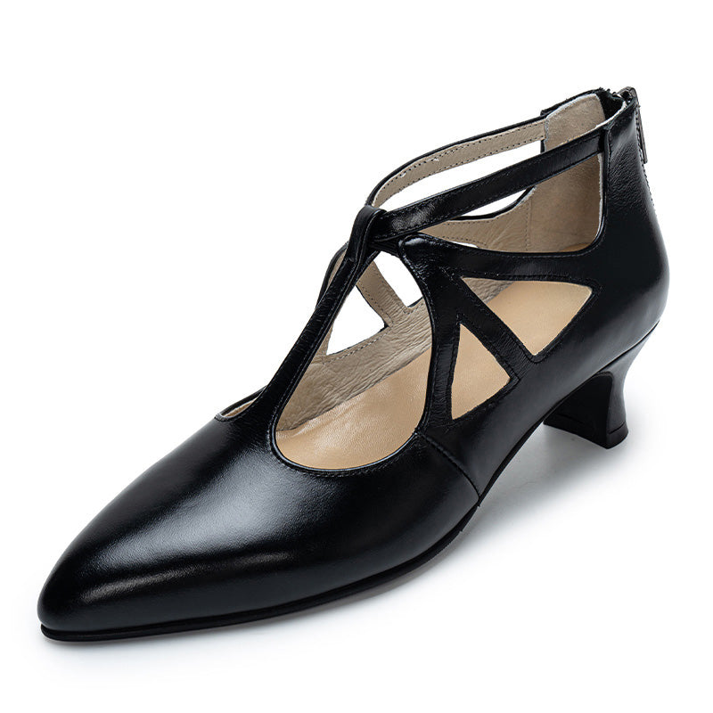 Escarpins Mary Jane Faits Main Vintage en Cuir Ciré Découpé avec T-Strap en Noir