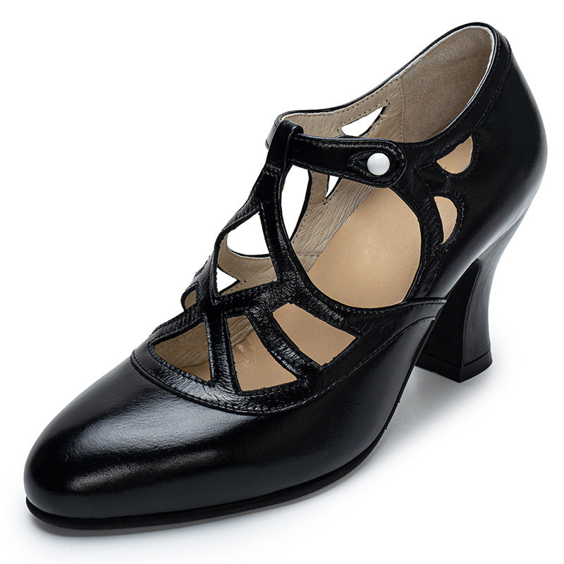 Escarpins Mary Jane Faits Main Vintage en Cuir de Vache Ciré Découpé avec T-Strap en Noir
