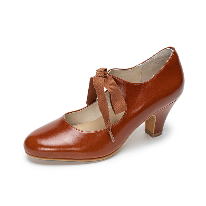 Handmade Victorian Ribbon Tie Mary Jane Heels Vintage Leather Waxing Cowhide Pumps in Cognac