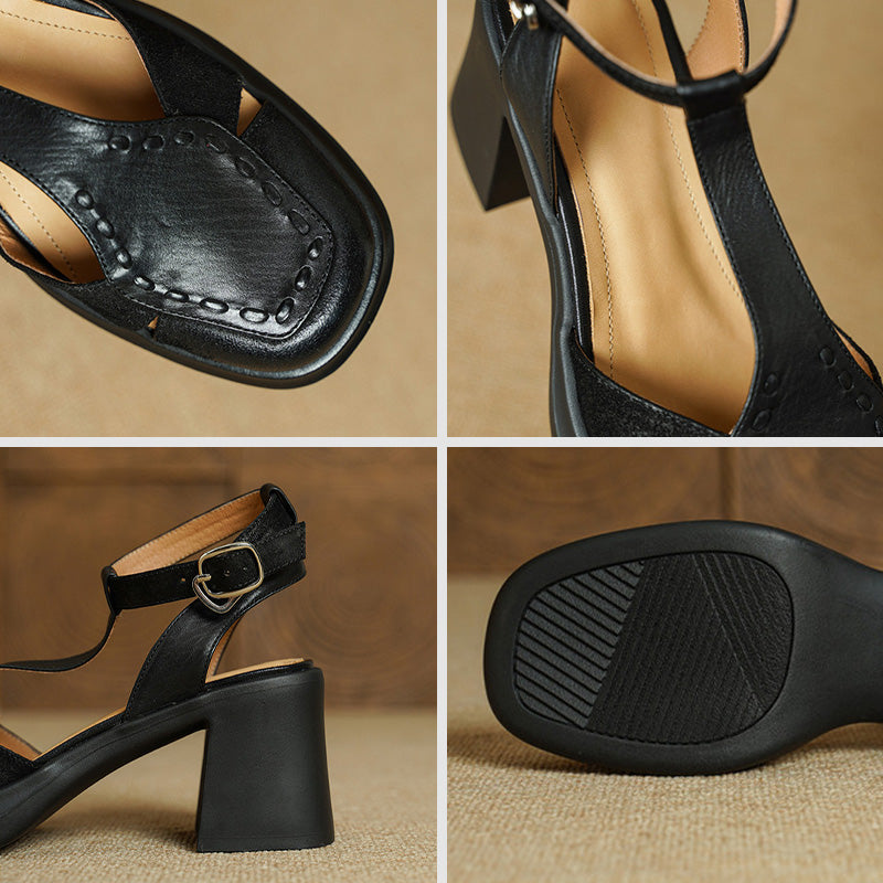 Sandales à Talon Slingback T-Strap en Cuir Vintage avec Talons Bloc Épais de 75 mm en Rouge Vin/Noir