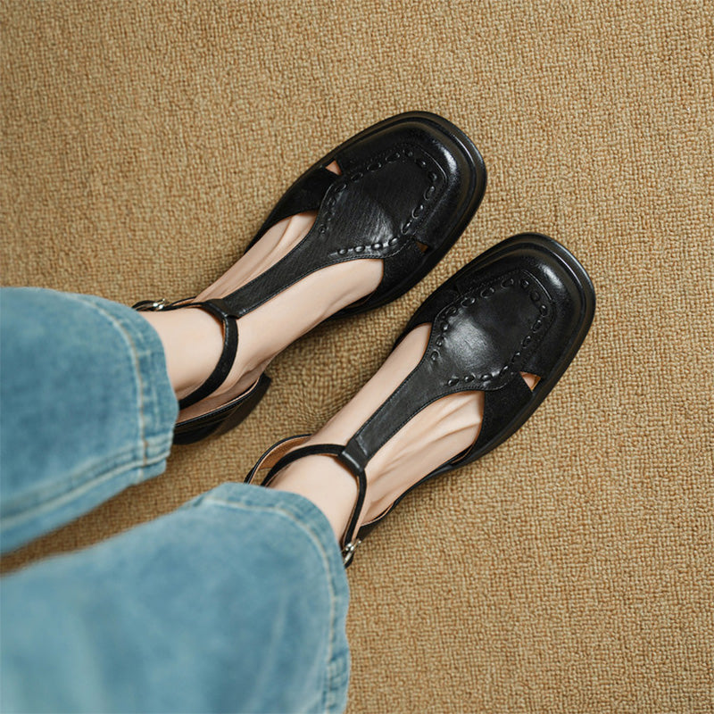 Sandales à Talon Slingback T-Strap en Cuir Vintage avec Talons Bloc Épais de 75 mm en Rouge Vin/Noir