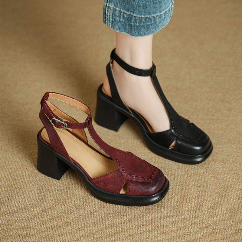 Sandales à Talon Slingback T-Strap en Cuir Vintage avec Talons Bloc Épais de 75 mm en Rouge Vin/Noir