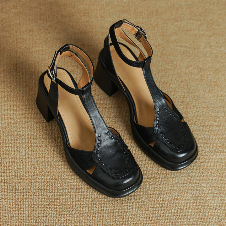 Sandales à Talon Slingback T-Strap en Cuir Vintage avec Talons Bloc Épais de 75 mm en Rouge Vin/Noir