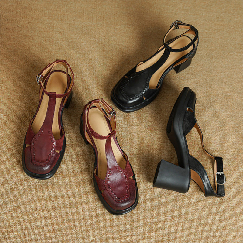 Sandales à Talon Slingback T-Strap en Cuir Vintage avec Talons Bloc Épais de 75 mm en Rouge Vin/Noir