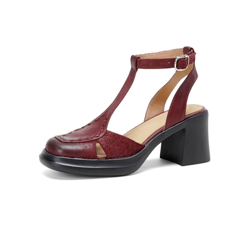 Sandales à Talon Slingback T-Strap en Cuir Vintage avec Talons Bloc Épais de 75 mm en Rouge Vin/Noir