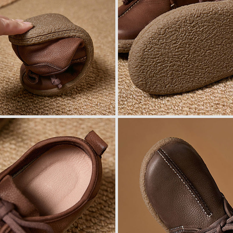 Bottines Plates en Cuir Plein Grain Souple à Lacets pour Femmes en Café/Gris