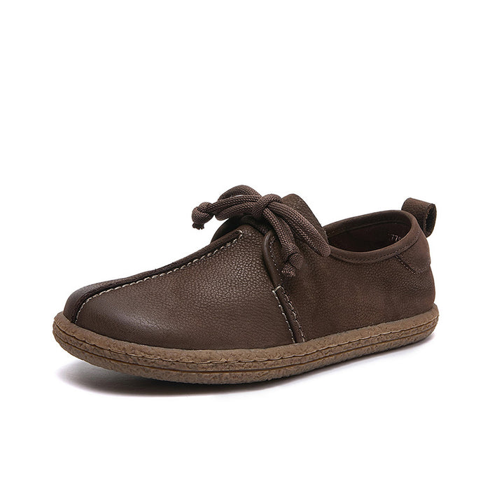 Bottines Plates en Cuir Plein Grain Souple à Lacets pour Femmes en Café/Gris