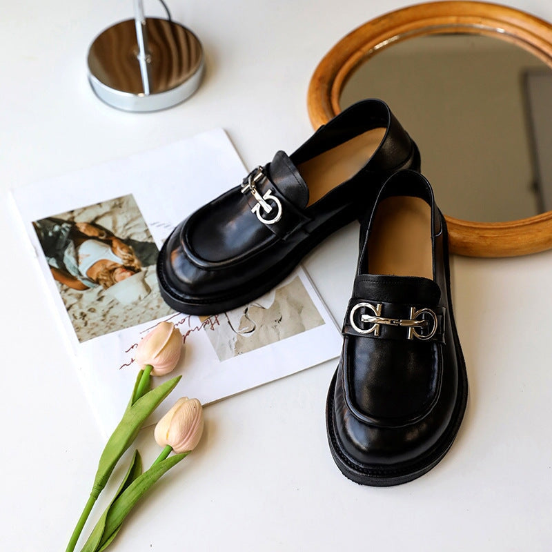 Horsebit-Detailed Handmade Leather Low Block Heel Loafers For Women In ...