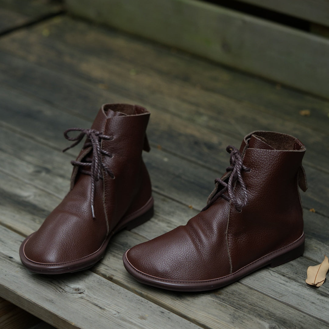 Handmade Women's Leather Barefoot Booties Round Toe Lace-Up Flat Ankle Boots Brown/Black/Coffee 8.5 / Black