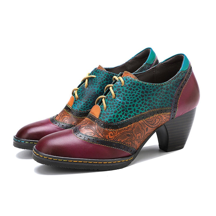 Women Fashion High Heel Oxfords Printing Leather Lace-Up