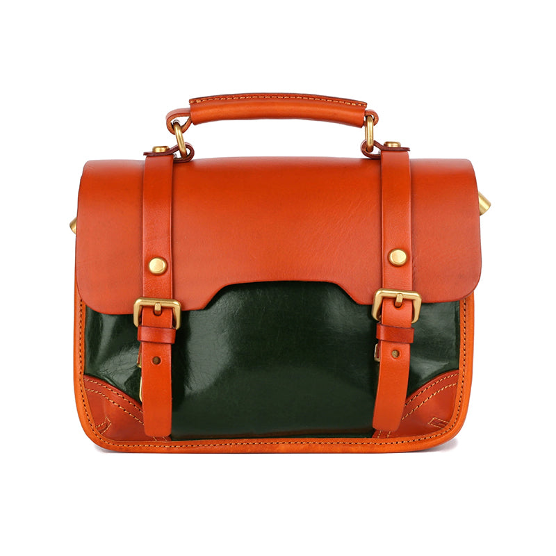 Sac Cambridge à Blocs de Couleurs, Sac à Main Classique en Cuir Plein Grain en Jaune/Vert/Marron