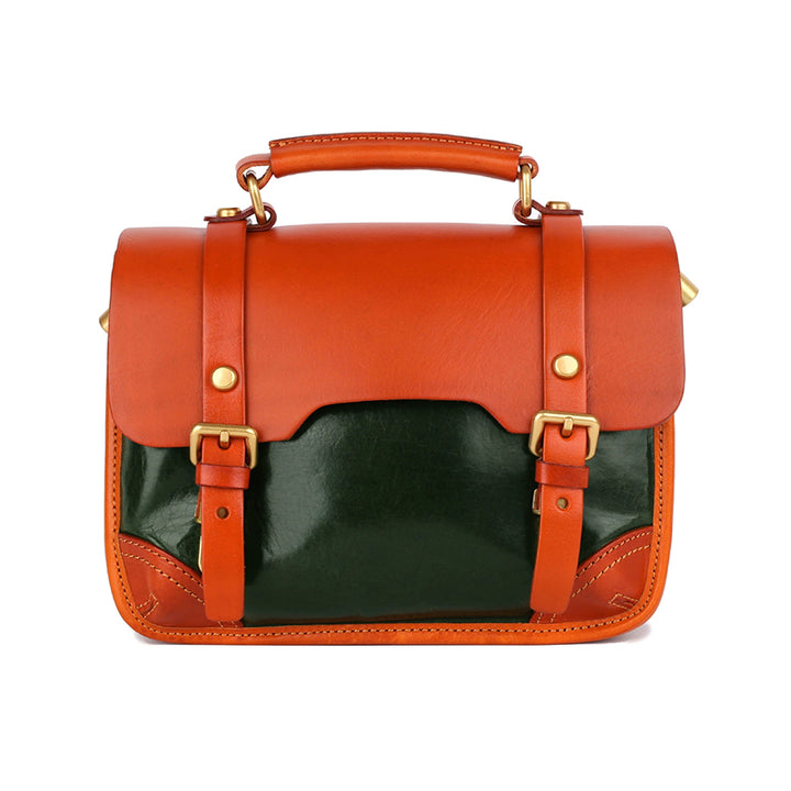 Sac Cambridge à Blocs de Couleurs, Sac à Main Classique en Cuir Plein Grain en Jaune/Vert/Marron