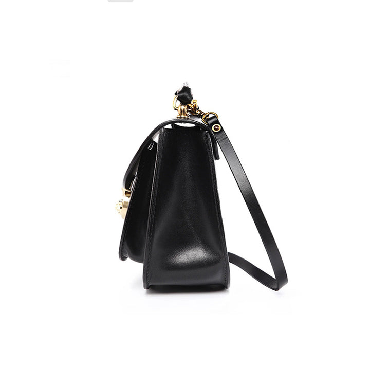 Sac à Bandoulière et à Poignée Supérieure en Cuir Plein Grain Fait Main, Sac Classique de Tous les Jours en Noir/Marron Foncé