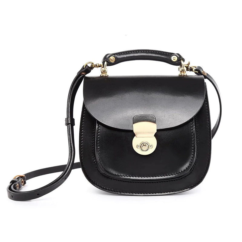Sac à Bandoulière et à Poignée Supérieure en Cuir Plein Grain Fait Main, Sac Classique de Tous les Jours en Noir/Marron Foncé