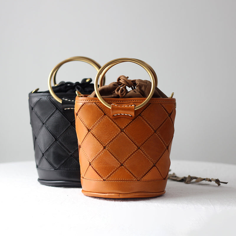 Sac seau Matelassé avec Poignée en Métal, Sac à Bandoulière et à Main en Cuir Végétal Tanné en 4 Couleurs