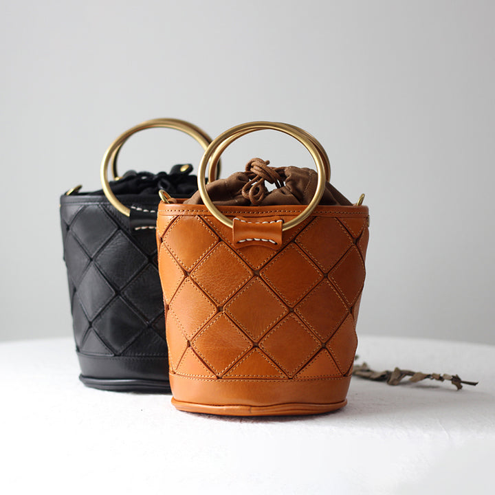 Sac seau Matelassé avec Poignée en Métal, Sac à Bandoulière et à Main en Cuir Végétal Tanné en 4 Couleurs