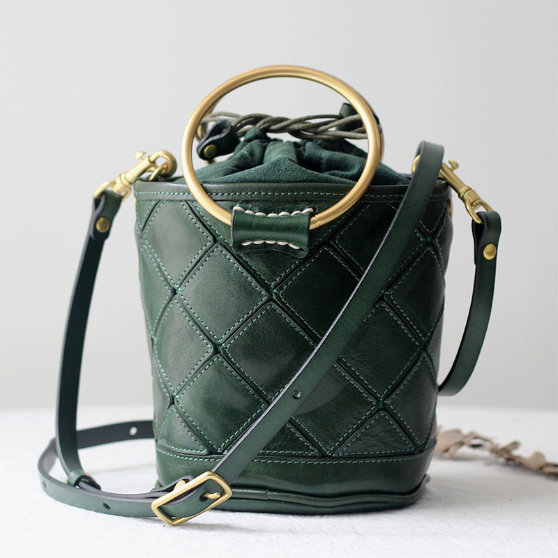 Sac seau Matelassé avec Poignée en Métal, Sac à Bandoulière et à Main en Cuir Végétal Tanné en 4 Couleurs