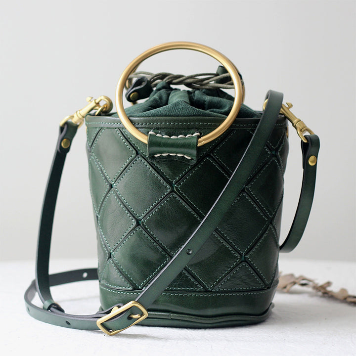 Sac seau Matelassé avec Poignée en Métal, Sac à Bandoulière et à Main en Cuir Végétal Tanné en 4 Couleurs