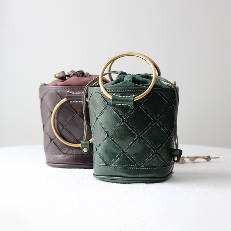 Sac seau Matelassé avec Poignée en Métal, Sac à Bandoulière et à Main en Cuir Végétal Tanné en 4 Couleurs