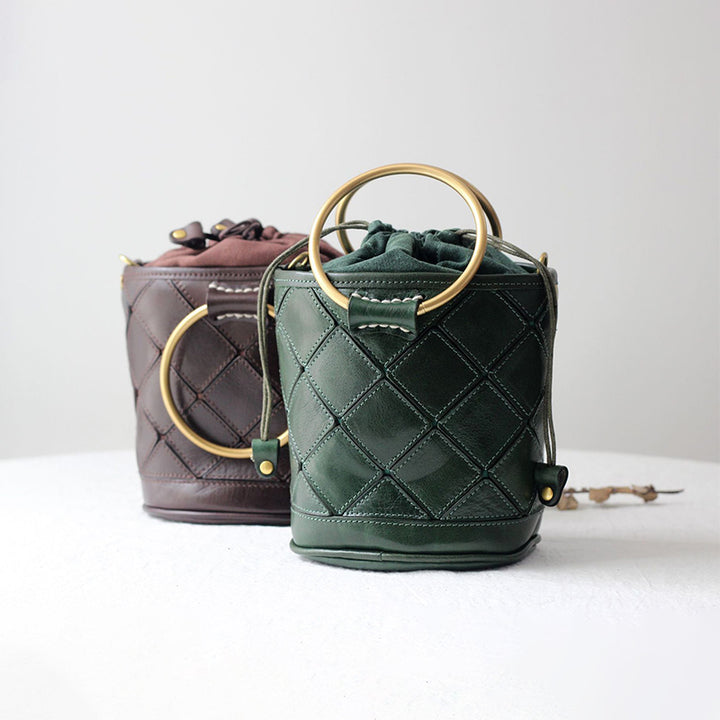 Sac seau Matelassé avec Poignée en Métal, Sac à Bandoulière et à Main en Cuir Végétal Tanné en 4 Couleurs