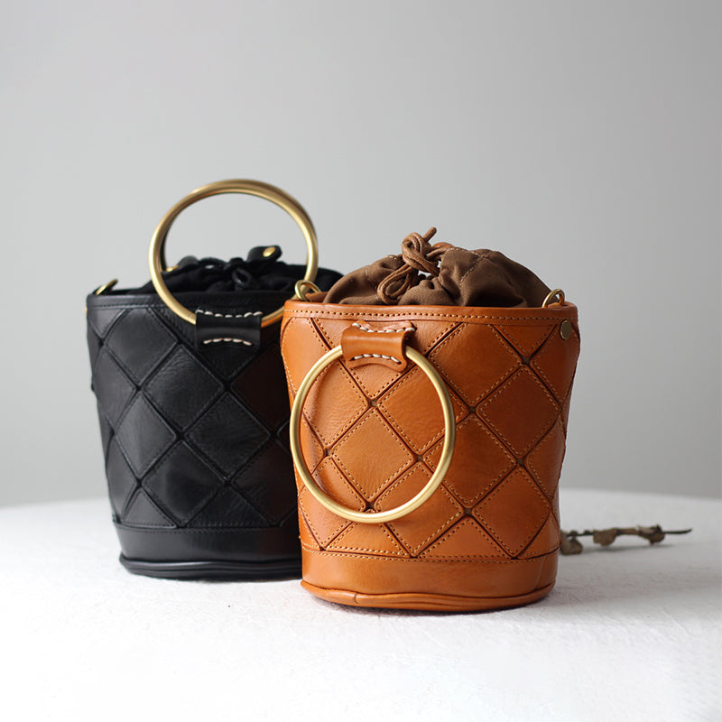 Sac seau Matelassé avec Poignée en Métal, Sac à Bandoulière et à Main en Cuir Végétal Tanné en 4 Couleurs