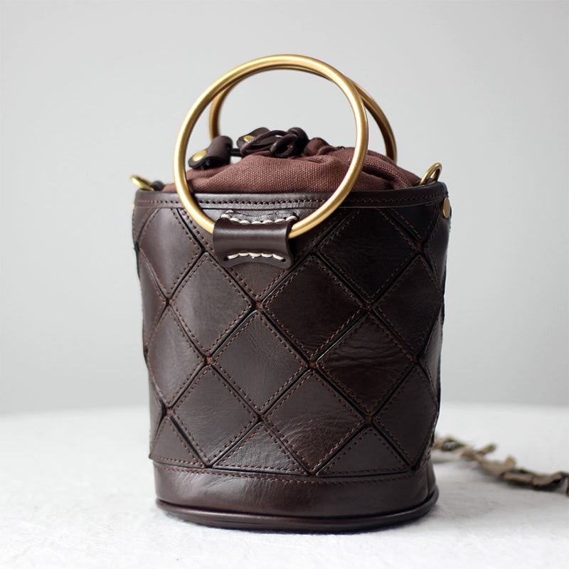 Sac seau Matelassé avec Poignée en Métal, Sac à Bandoulière et à Main en Cuir Végétal Tanné en 4 Couleurs