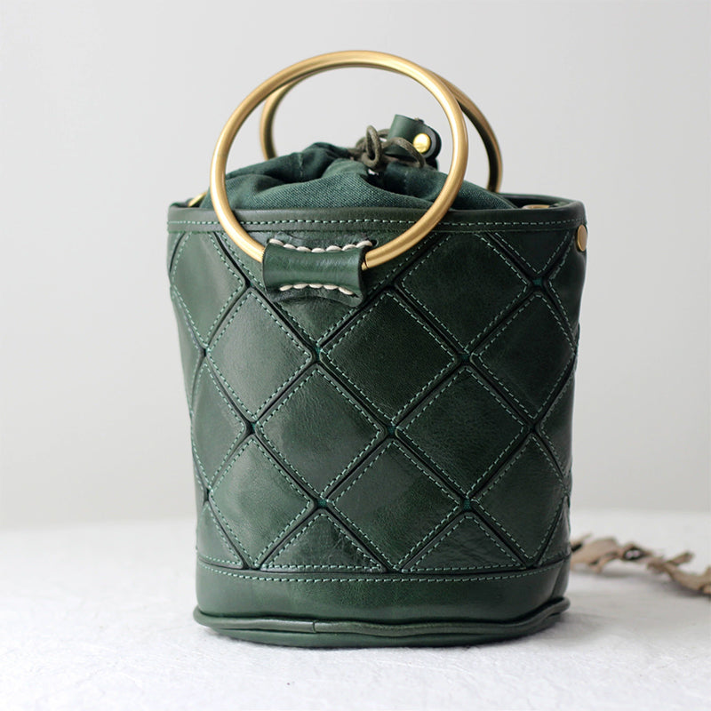 Sac seau Matelassé avec Poignée en Métal, Sac à Bandoulière et à Main en Cuir Végétal Tanné en 4 Couleurs