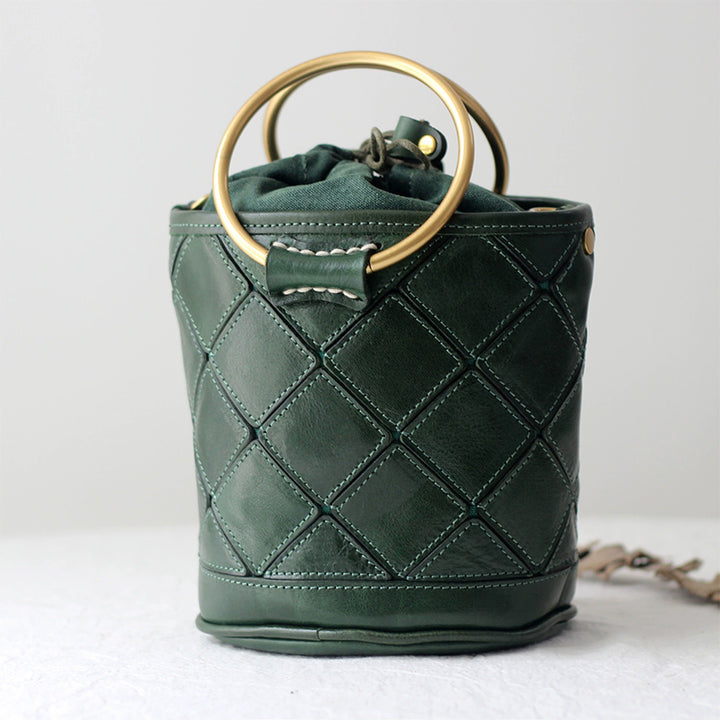Sac seau Matelassé avec Poignée en Métal, Sac à Bandoulière et à Main en Cuir Végétal Tanné en 4 Couleurs