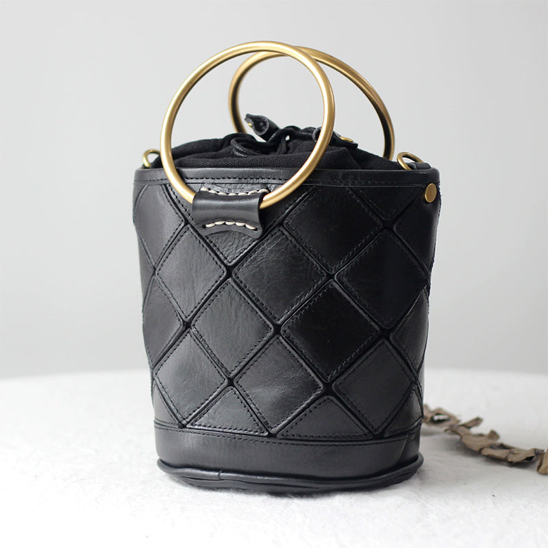 Sac seau Matelassé avec Poignée en Métal, Sac à Bandoulière et à Main en Cuir Végétal Tanné en 4 Couleurs