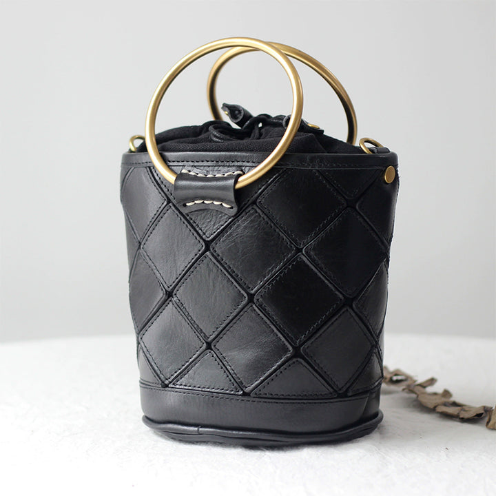 Sac seau Matelassé avec Poignée en Métal, Sac à Bandoulière et à Main en Cuir Végétal Tanné en 4 Couleurs