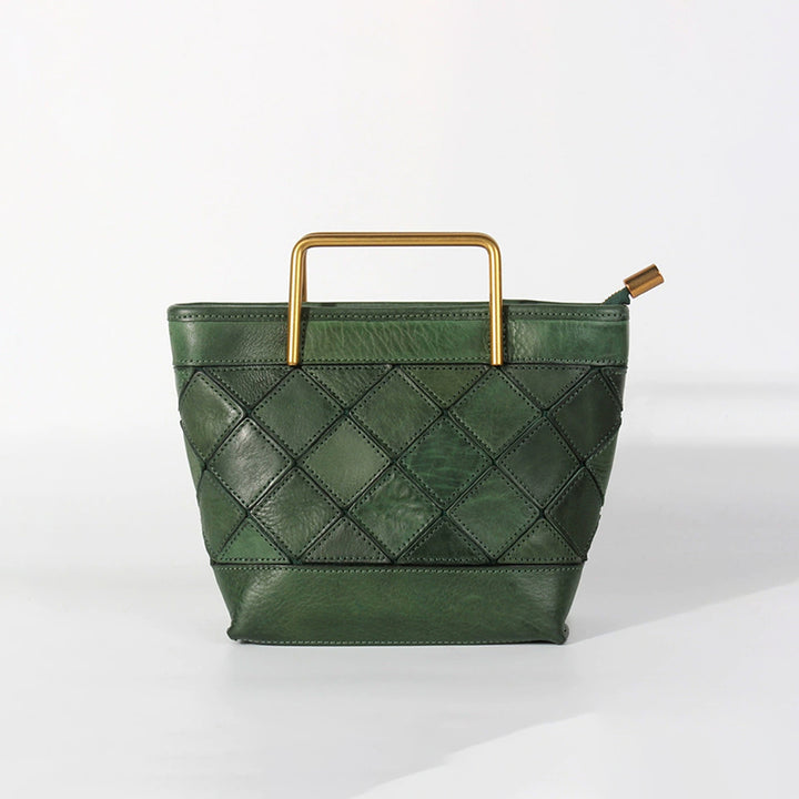 Sac seau avec Poignée en Métal et Motif Matelassé, Sac à Bandoulière Fait Main en Cuir Végétal Tanné en 4 Couleurs