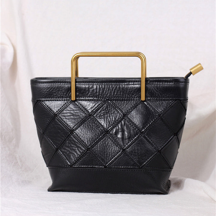 Sac seau avec Poignée en Métal et Motif Matelassé, Sac à Bandoulière Fait Main en Cuir Végétal Tanné en 4 Couleurs
