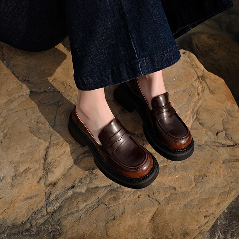 Round Toe Leather Penny Loafers for Women in Coffee/Black 6 / Coffee