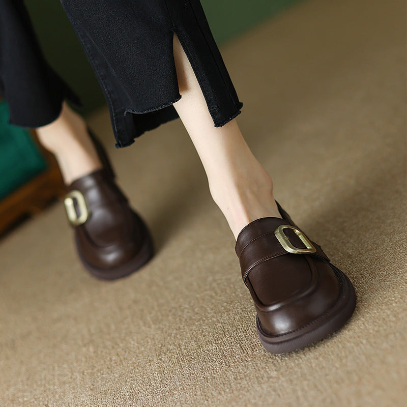 Leather Loafers For Women With Metal Buckle Round Toe In Brown Black leather-loafers-for-women-with-metal-buckle-round-toe-in-brown-black