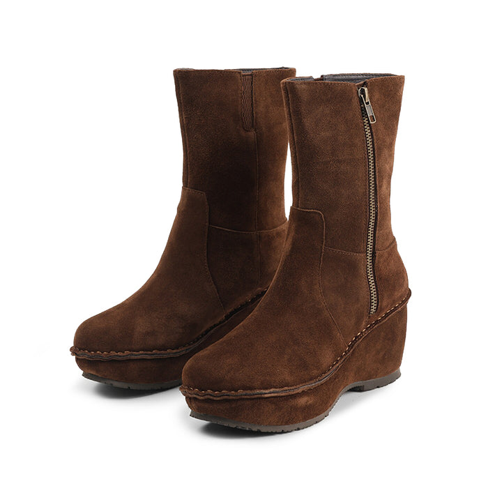 Handmade Nubuck Leather Wedge Mid-Calf Boots Wide Fit Platform Chelsea Boots in Coffee