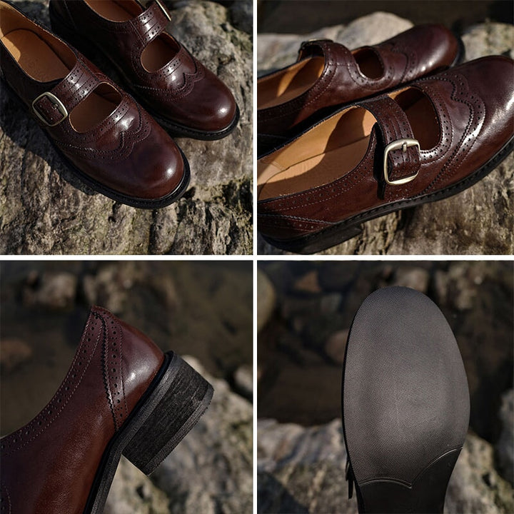 Leather Mary Jane Shoes For Womens Brogue Style Round Toe Buckles