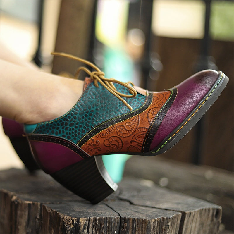 Women Fashion High Heel Oxfords Printing Leather Lace-Up