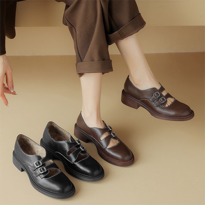 Handmade Leather Double Monk Strap Shoes For Women in Coffee/Black ...