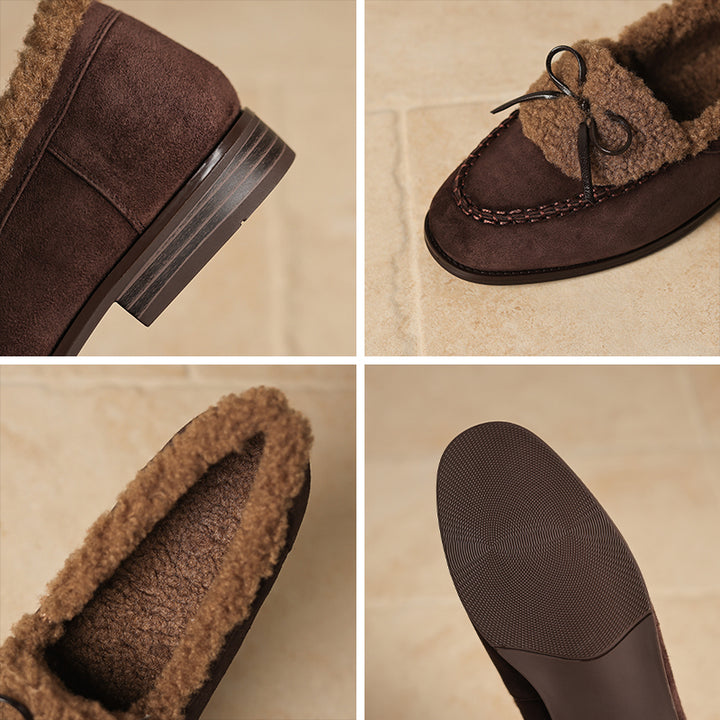 Mocassins en cuir suédé vintage à nœud, shaggy, slip-on, décontractés en noir/marron