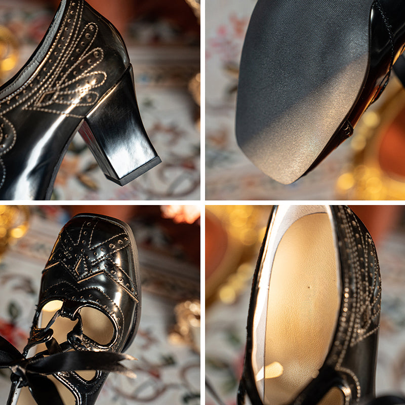 Bottines Mary Jane en cuir vintage faites à la main pour femmes, chaussures rétro à lacets à bout carré en beige/noir