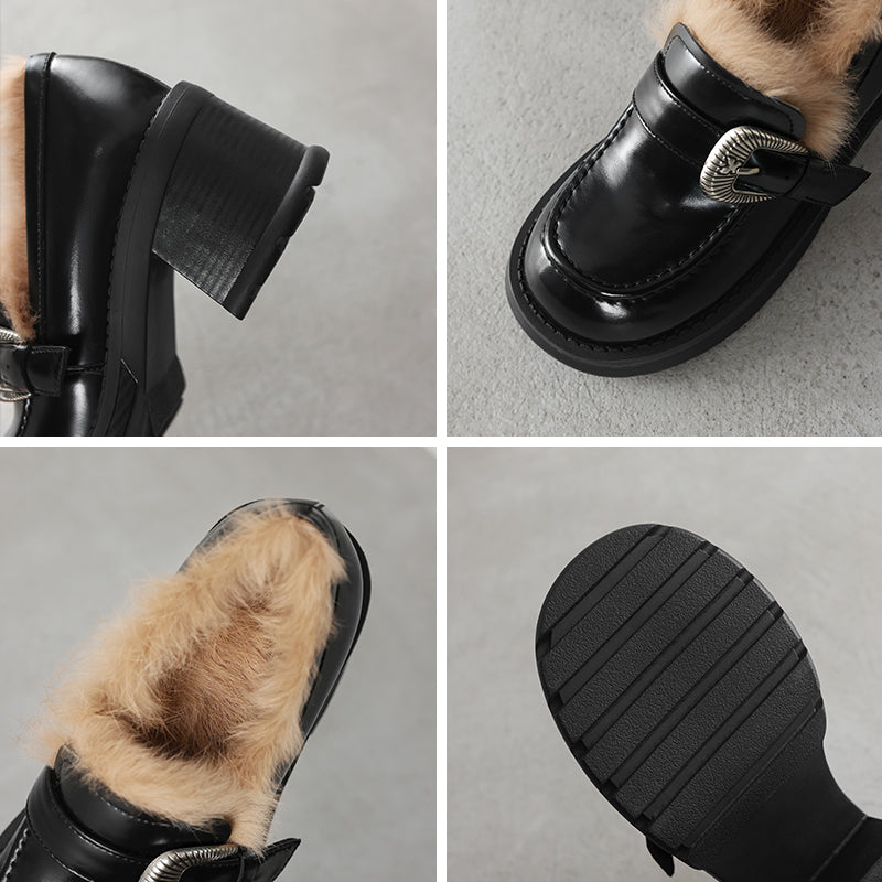 Mules vintage en fourrure de lapin shaggy avec boucle, chaussures en cuir de vache à talon de 75 mm en noir/argent vieilli