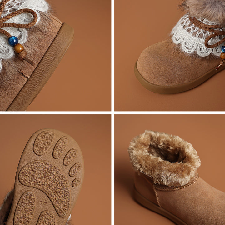 Bottes de neige en suède de vache à la mode avec fourrure shaggy amovible en gris foncé/kaki