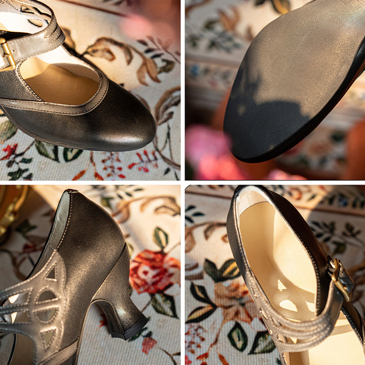 Pompes Mary Jane bicolores vintage faites à la main pour femmes avec boucle en métal en noir/beige/marron